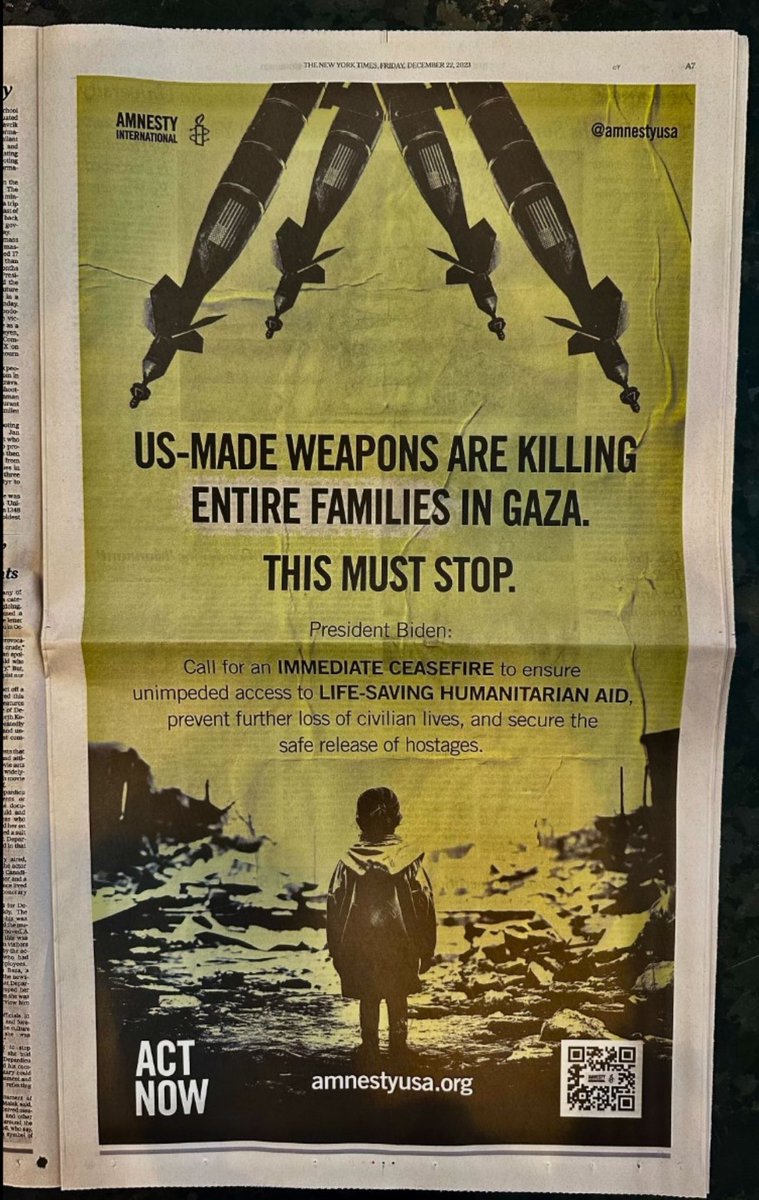 In today’s @nytimes paper @amnestyusa @amnesty urge @POTUS to call for an immediate ceasefire to ensure access to life saving humanitarian aid, prevent further loss of civilian lives and secure the release of hostages #CeasefireNOW #Gaza #Israel