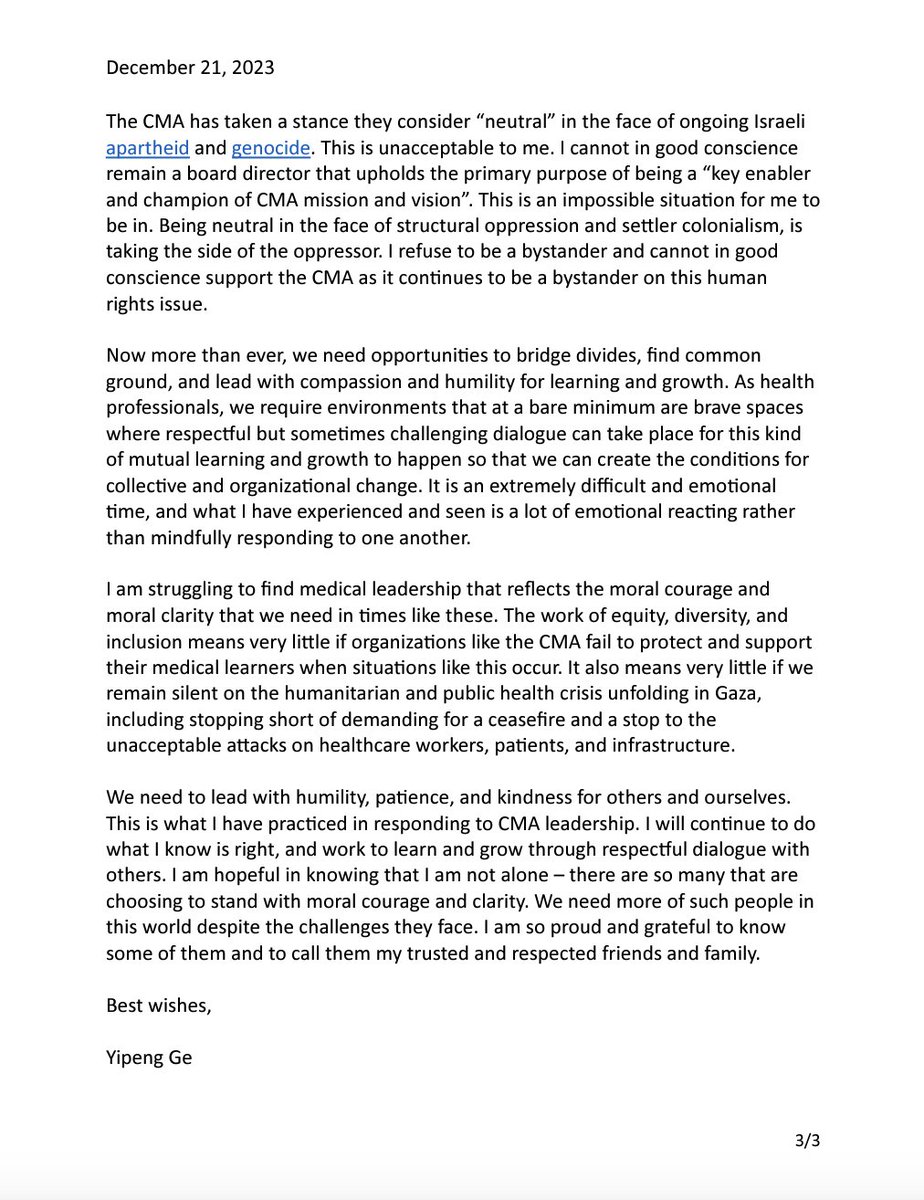 Yesterday, I sent my letter of resignation as a board director to @CMA_Docs. As the national organization that represents physicians and medical learners in Canada, I am profoundly disappointed and appalled by their actions and behaviour. Link to letter: yipeng.ca/2023/12/22/my-…