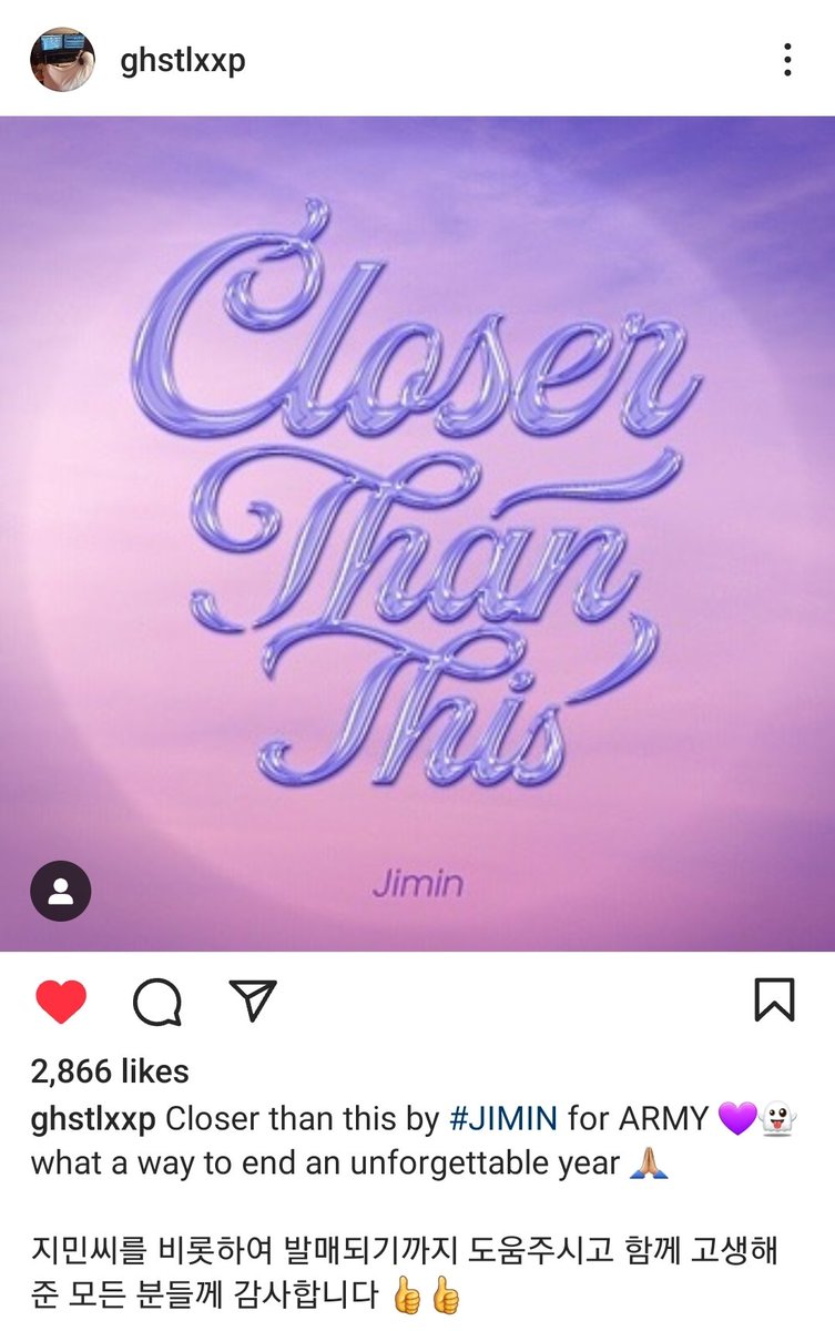 Ghstloop who co-wrote and co-produced #CloserThanThis and his first Hot 100 #1 'Like Crazy' posted on Instagram! 'Closer than this by #JIMIN for ARMY 💜👻 what a way to end an unforgettable year 🙏🏻 Including Jimin-ssi, thank you everyone who helped and worked hard till it was…