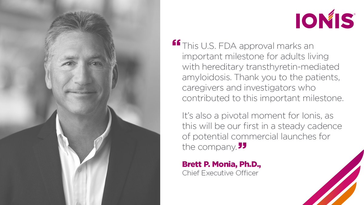 Ionis is proud to have discovered and, in partnership with @AstraZenecaUS, developed a new treatment for adults living with polyneuropathy of hereditary transthyretin-mediated amyloidosis. Learn more about this news: ow.ly/ntA250QltBI $IONS