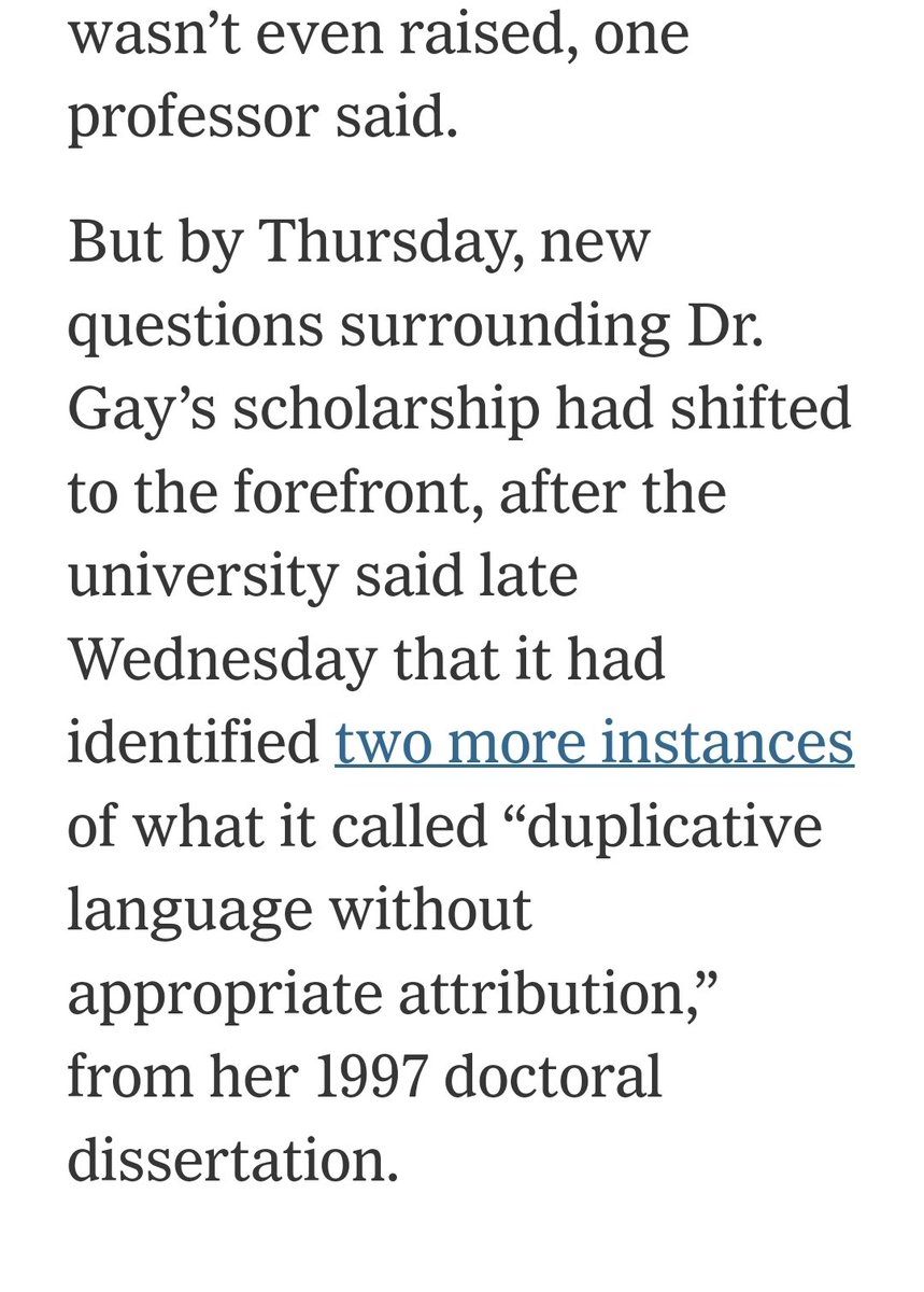 This article by the @nytimes is its own form of academic misconduct, i.e. failing to credit a source and falsely giving that credit to another party. @harvard did not 'indentify' these instances of plagiarism. @realchrisrufo @aaronsibarium and @realChrisBrunet did.