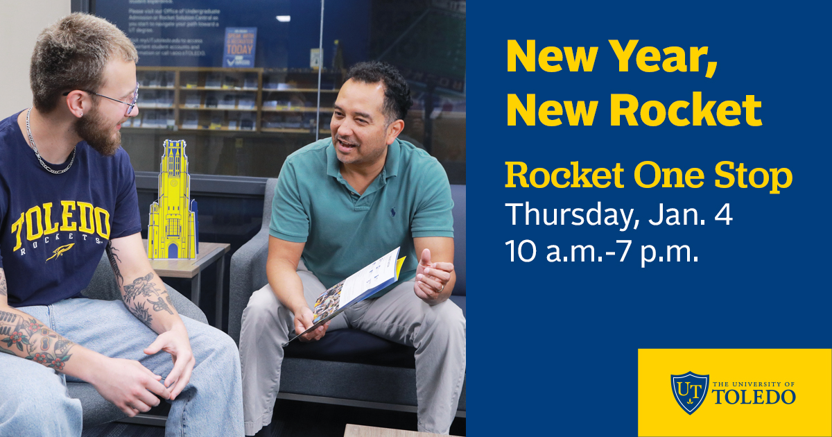 UToledo's tweet image. Join us for Rocket One Stop from 10 a.m. to 7 p.m. on Thursday, Jan. 4, at Rocket Hall. We’ll be providing a last-minute opportunity for prospective students who are looking to begin classes in the Spring 2024 semester, that begins on Tuesday, Jan. 16 ➡️ myut.link/u5v