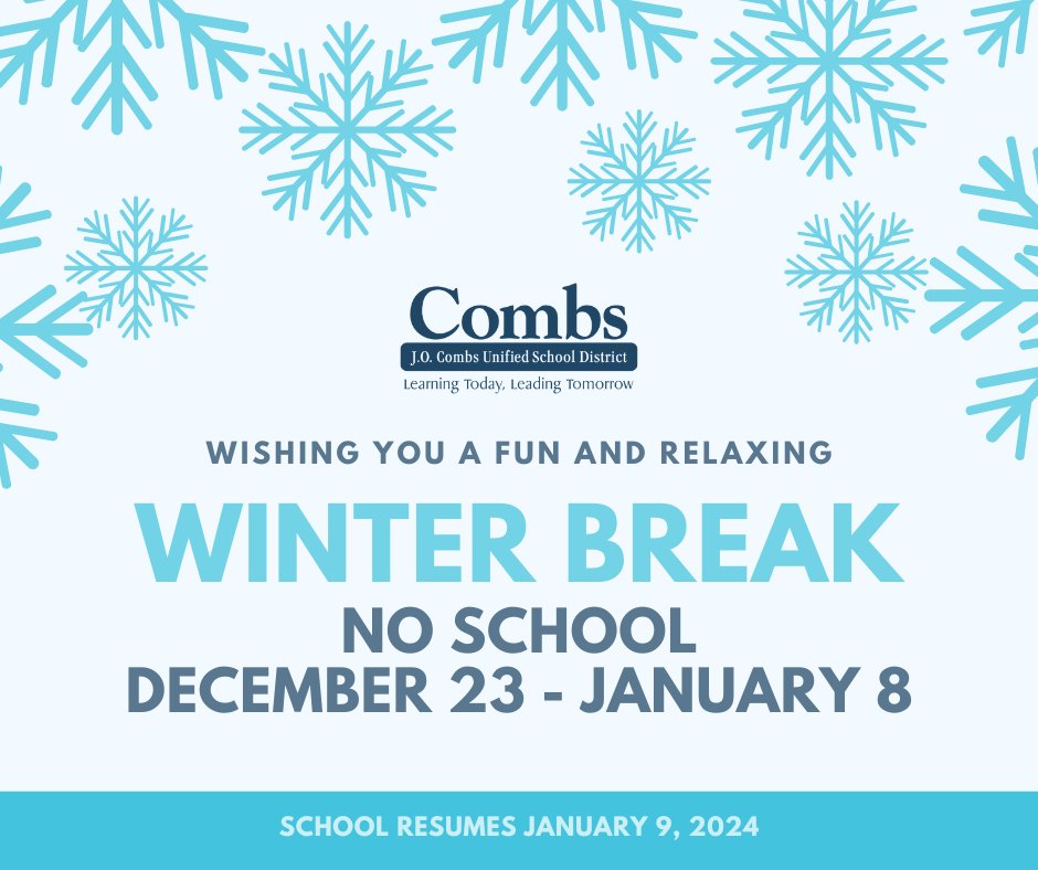 JOCombsUSD's tweet photo. Have an amazing winter break #CombsCommunity! We will see you back here on January 9th❄️ https://t.co/pbWou0CZDq