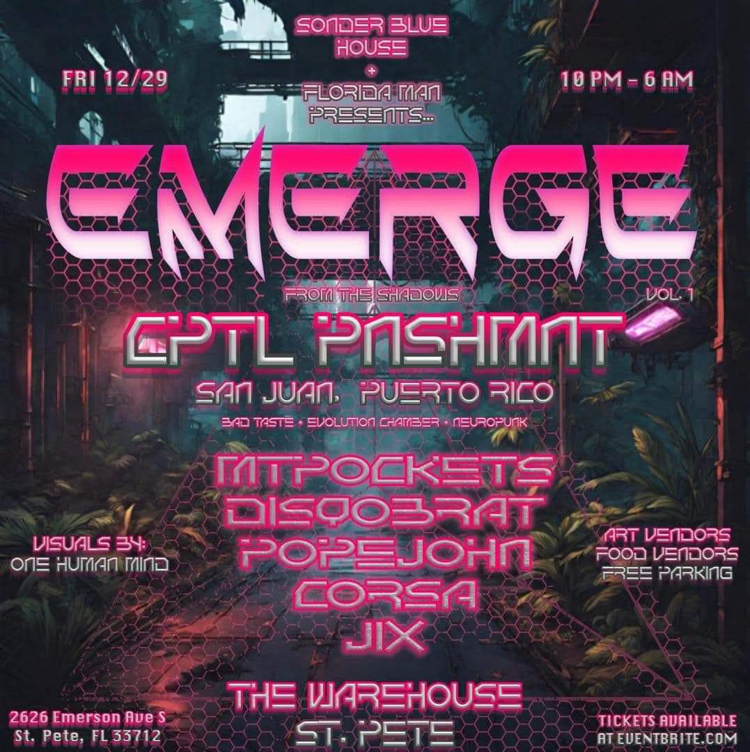 Florida🔥🔥🔥
Going to be swinging through Tampa, ST Pete DECEMBER 29th to deal some damage on the dance floor as we rave from 10pm-6am @ EMERGE: Dance with us AFTER DARK  at The Warehouse St Pete with @mtpocketsdj, Disqobrat, PopeJohn and <a href="/Corsa40/">南阳</a> with visuals by One Human Mind
