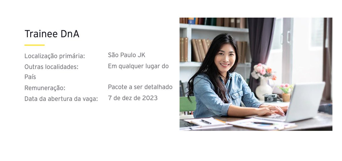 devs40mais's tweet image. Vaga de estágio na @EY_Brasil. Corre que não tem limite de idade e é para trabalhar em uma das maiores empresas de serviços do mundo, com estrutura global, e mais 360 mil pessoas atuando em 150 países: careers.ey.com/ey/job/S%C3%A3…

#ey #devs40mais #eybrasil #eycarreiras