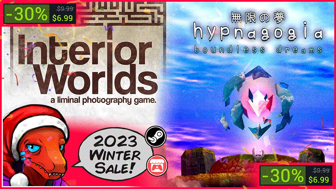 It's that time of year again- which means both Interior Worlds and Hypnagogia are on MEGA SALE for only $6.99! Grab them both at this rare winter price on Steam or itchio until January 5th 🎄🎁 ▼ store.steampowered.com/developer/rapt… ▼ itch.io/s/113688/-soda… #SteamWinterSale #indiegames