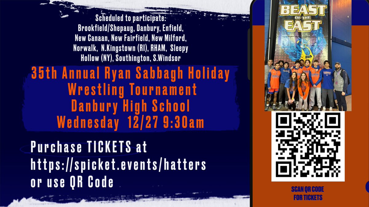 Danbury HS Athletics (@chipsalvestrini) on Twitter photo HS Wrestling at its best at the 35th Annual Ryan Sabbagh Holiday Wrestling Tournament at Danbury HS on Wednesday December 27, 9:30am.
Admission is $5 🤼♂️🤼♂️🤼♀️
<a href="/HattersWrestle/">Hatters Wrestling</a> HS Wrestling at its best at the 35th Annual Ryan Sabbagh Holiday Wrestling Tournament at Danbury HS on Wednesday December 27, 9:30am.
Admission is $5 🤼♂️🤼♂️🤼♀️
<a href="/HattersWrestle/">Hatters Wrestling</a>