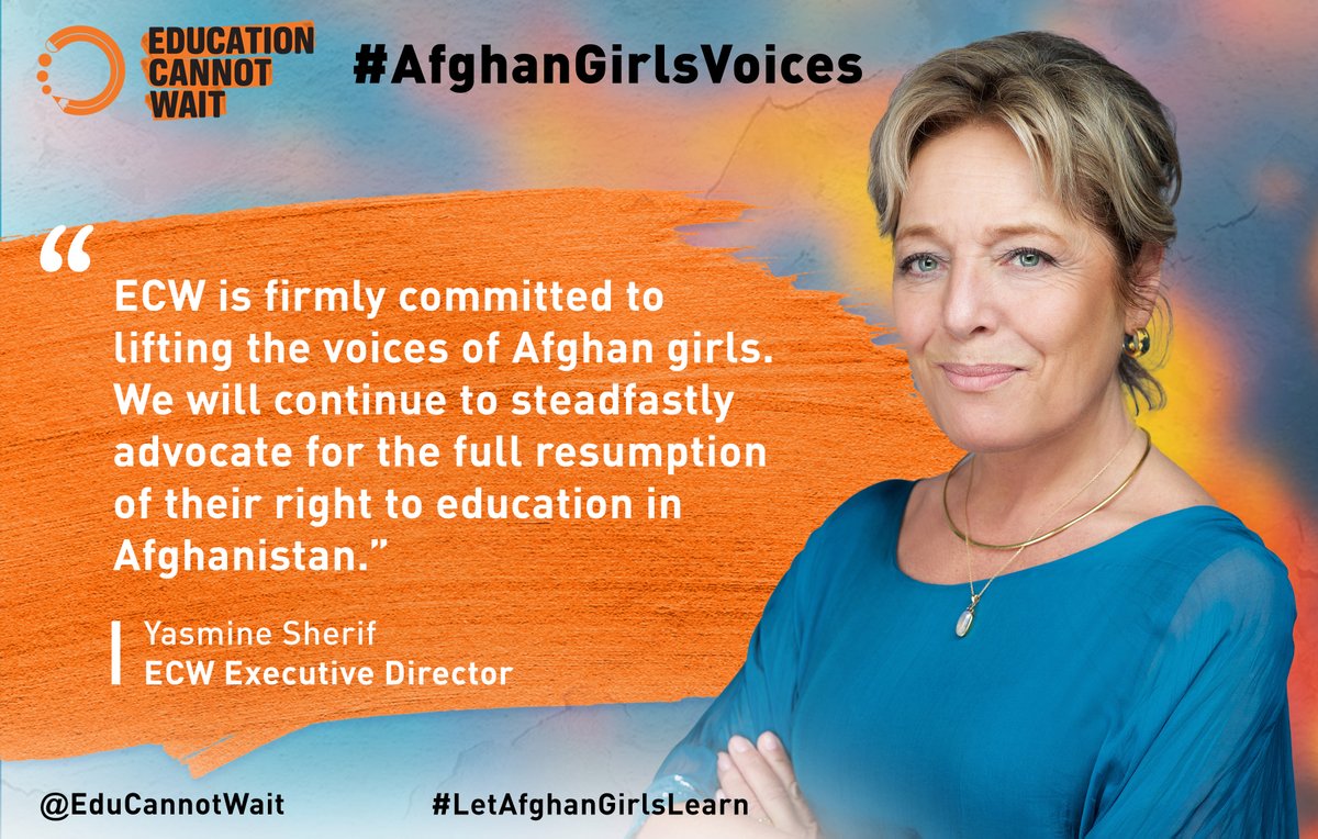 '#ECW is firmly committed to lifting #AfghanGirlsVoices. We will continue to steadfastly advocate for the full resumption of their right to #education in #Afghanistan.' ~@YasmineSherif1 Join @EduCannotWait's campaign to shine light on young Afghan girls⤵️ bit.ly/3YwDfXb