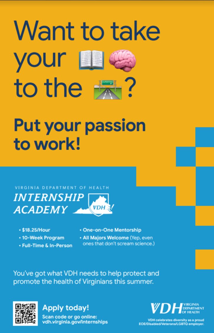 Applications open TODAY for the <a href="/VDHgov/">Va Dept of Health</a> Internship Academy! The 10-week paid summer #internship gives students or recent grads excellent experience working at the VDH. 

Check it out and apply today 👉 vdh.virginia.gov/human-resource…