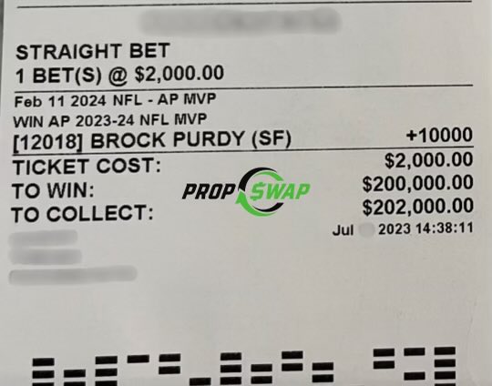 JUST IN: Owner of Brock Purdy to win MVP ticket has just sold it for $125,000 on ⁦@PropSwap⁩. The new buyer would win $202,000, which has odds, given his investment, of -162. This is the largest deal in PropSwap history. Company negotiated 3% deal ($3,750) with seller.