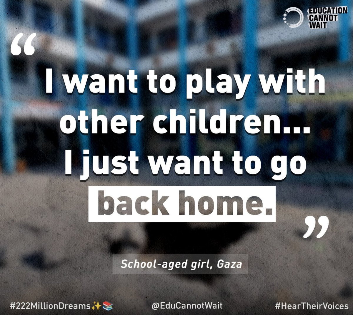 #HearTheirVoices: 'I want to play w/other children... I just want to go back home.' ~School-aged girl, #Gaza #ECW supports every child's right to the safety & hope of continuing education; esp. in armed conflict. Their learning & mental health depend on it. @UN @UNRWA @UNOCHA