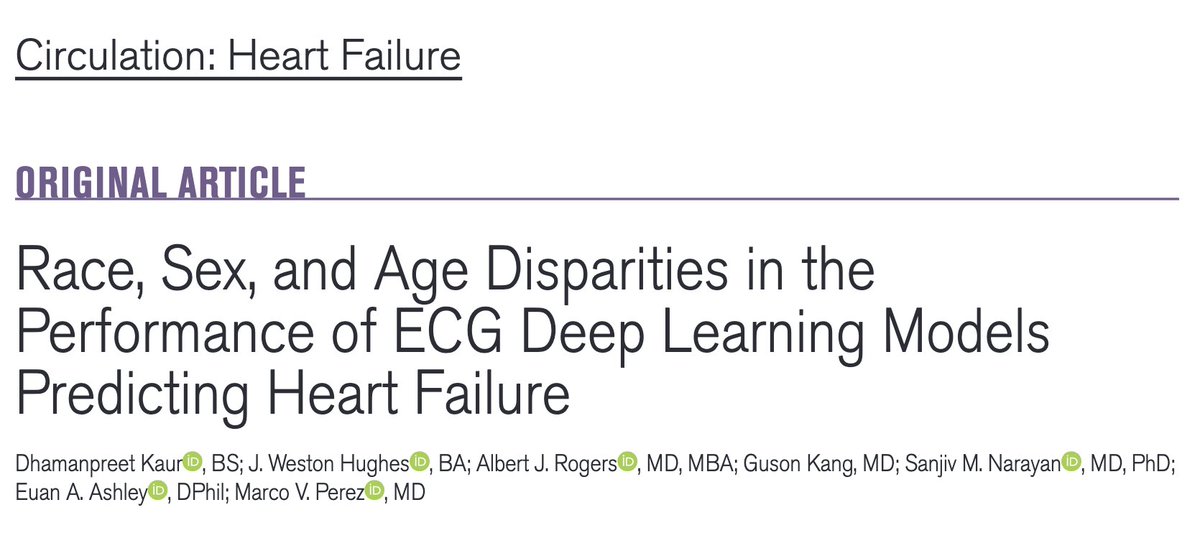 New paper out led by amazing collaborator and med student Dhamanpreet Kaur in @CircHF! In this work, we take a deep dive into the disparities in model performance in an AI-ECG model trained to predict risk of incident heart failure at @StanfordMed. 1/n
