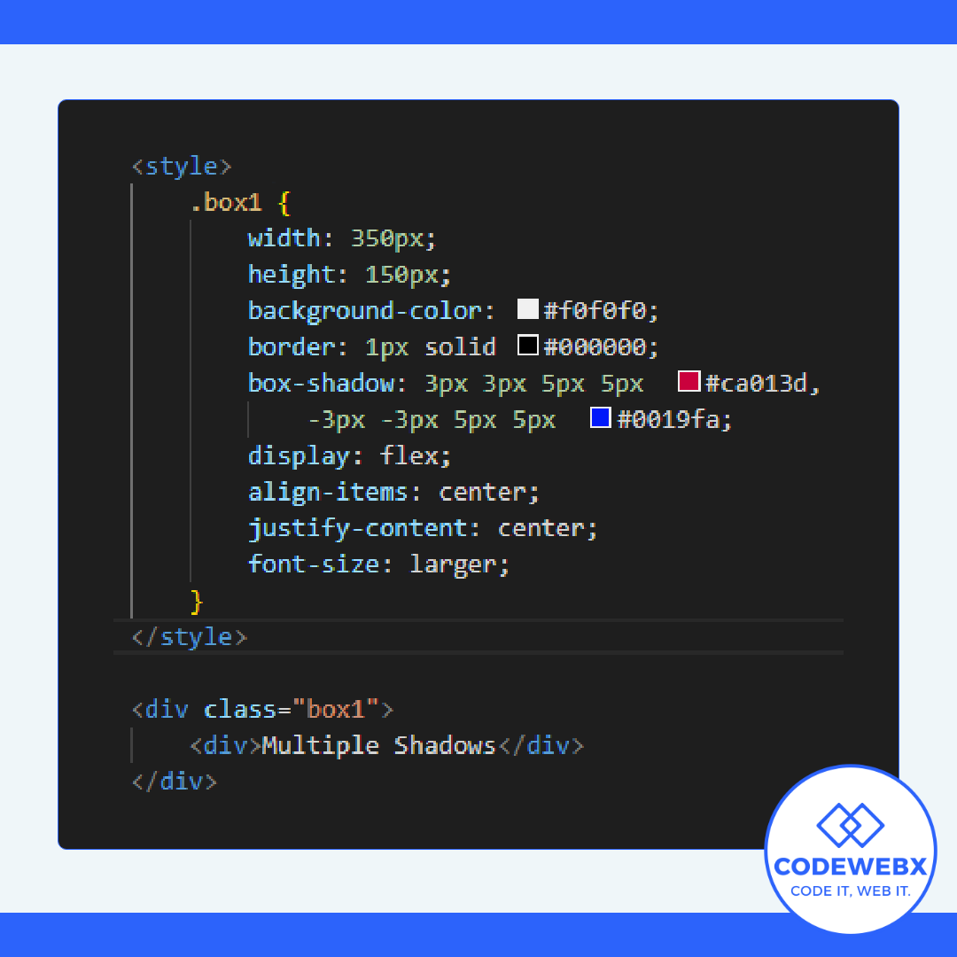 codewebxsl's tweet image. 👍How does &apos;Multiple Shadows&apos; work?👍

box-shadow: 3px 3px 5px 5px  #ca013d, -3px -3px 5px 5px  #0019fa;

#codewebx #codewebxsl #webdesign #webdesigner #webdeveloper #webdevelopment #webdev #webdesigner #webdesigning #webdesigners #webdevelopers #landingpage #landingpage