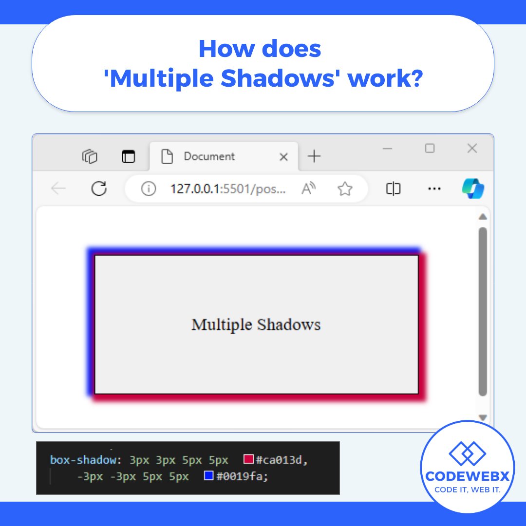 codewebxsl's tweet image. 👍How does &apos;Multiple Shadows&apos; work?👍

box-shadow: 3px 3px 5px 5px  #ca013d, -3px -3px 5px 5px  #0019fa;

#codewebx #codewebxsl #webdesign #webdesigner #webdeveloper #webdevelopment #webdev #webdesigner #webdesigning #webdesigners #webdevelopers #landingpage #landingpage