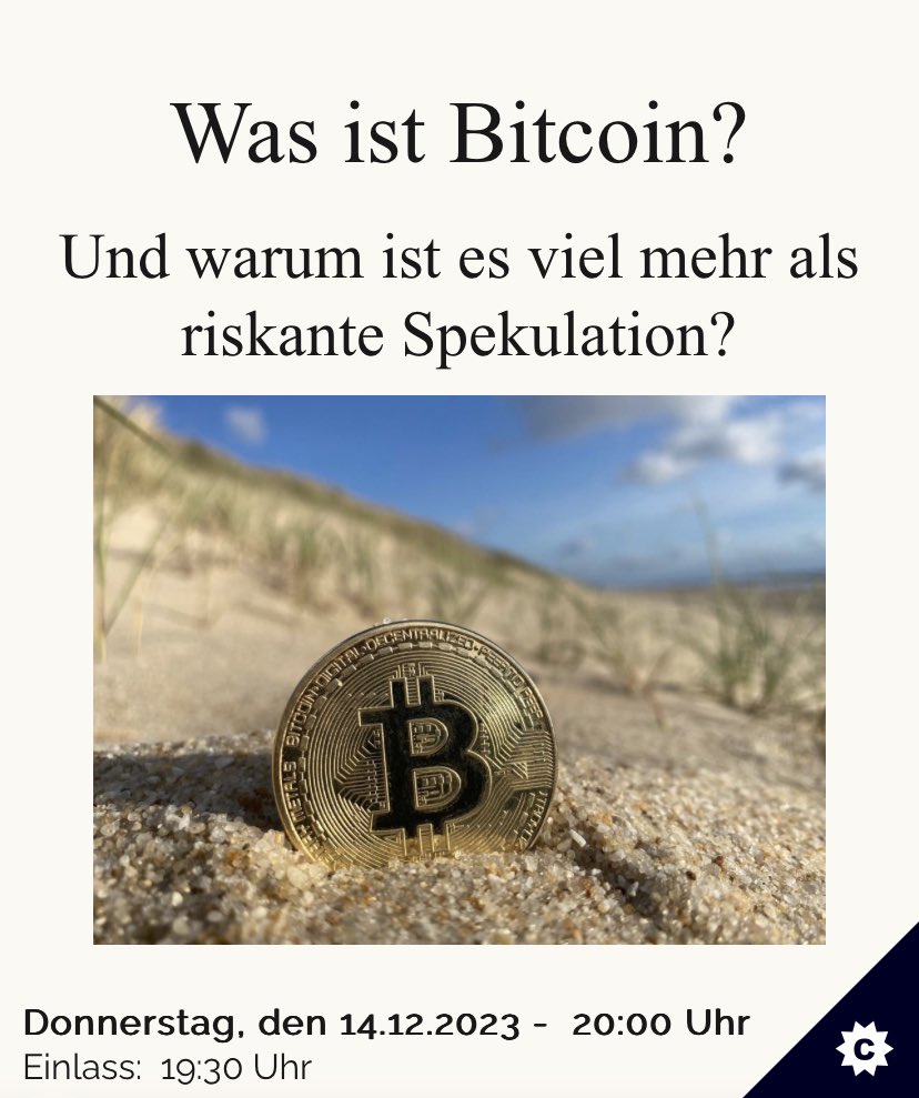 Donnerstag lernen Einsteiger wieder, warum Bitcoin der beste Wertspeicher ist, den wir haben.

Tickets und Infos:
tickets.vibus.de/00100057000000…