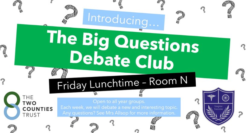 We’re excited to launch The Big Questions Debate Club this week! Starting this Friday in Room N for all years. Ask Mrs Allsop or your RS Teacher for more information. ❓ 🤔 
#DebateClub #SmashingIt #BestYet