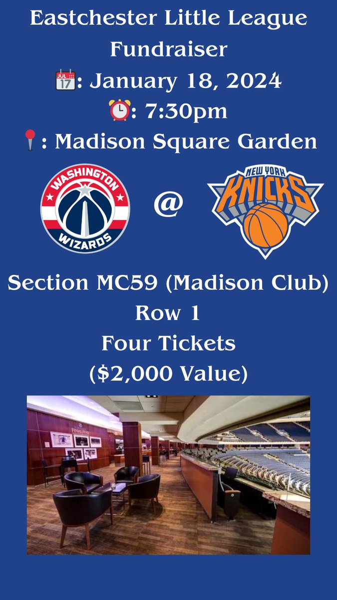 Eastchester_LL's tweet photo. New York Knicks tickets vs. the Washington Wizards! Food and drinks are all included. Plus a $35 voucher on each ticket to the team store. This is a $2,000 value. Each spot on the wheel is $25 to enter. You can buy multiple spots. Venmo @MikeVecc10 and please add your full name. https://t.co/JgRxFSodlq