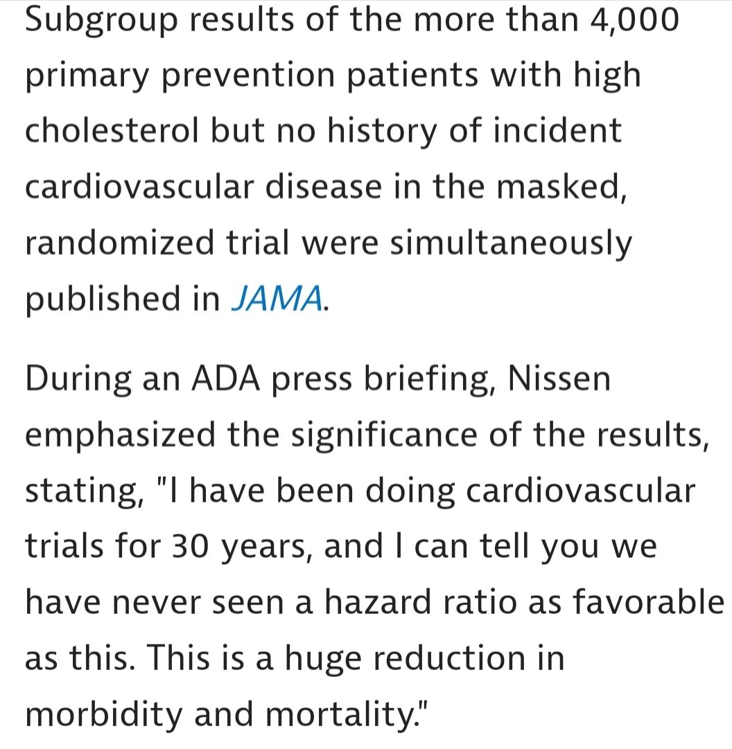 $ESPR  Bempedoic Acid ( Nexletol ) and Nexlizet (BA + ezetimibe ) continue to impress cardiologists. The highly esteemed Dr. Nissen:

'I've been doing cardiovascular trials for 30 years and we've never seen a hazard ratio as favorable as this.'

30% reduction in heart attacks