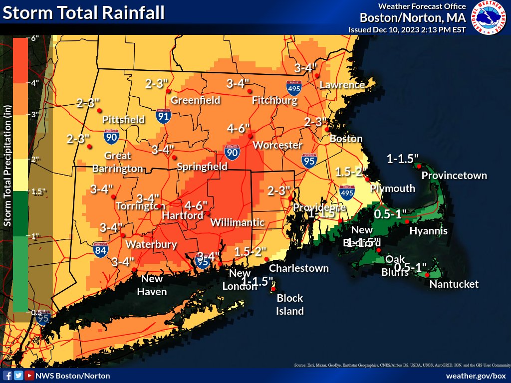 NWSBoston's tweet image. 4 PM Sunday STORM UPDATE:
* 2-6"+ of rain, highest amounts across central MA and east-central CT. Flooding likely
*Wind gusts to 60mph possible across SE MA/Cape Cod
*Minor accumulations (1-4") of snow possible above 600" in western MA
*Coastal Flooding in Narragansett Bay