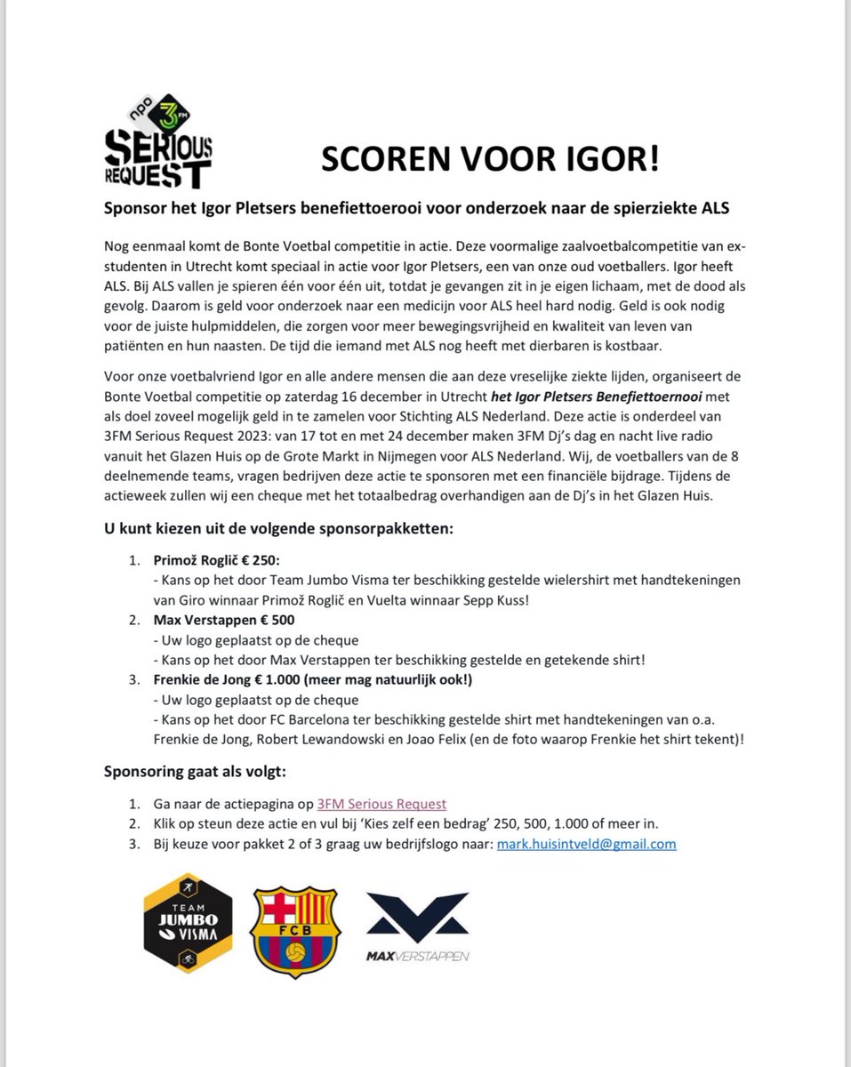 Mijn vriend Igor leeft al een aantal jaren met ALS. Hij heeft steeds meer zorg nodig maar dankzij een fantastisch zorgteam kan hij nog steeds thuis wonen. En met een geleasde aangepaste auto kan hij makkelijk vervoerd worden. Help de lease te verlengen! gofundme.com/f/scoren-voor-…