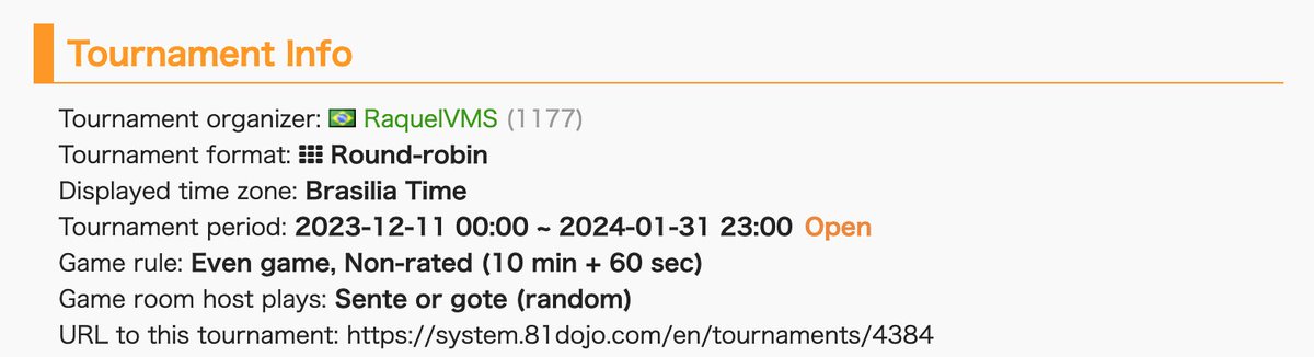 🇧🇷
Torneio aberto de #shogi para iniciantes, organizado pelo Clube Nacional de Shogi (CNS) Brasil. O objetivo é aprender!

Inscrições somente até hoje 23:30h (BRT) no link:
system.81dojo.com/en/tournaments…

"Serão aceitos jogadores que tenham até 7-kyu no momento da inscrição do torneio."