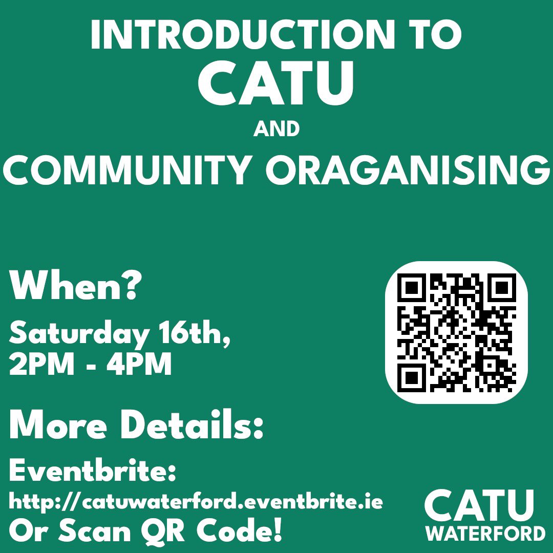 🤝 Introduction to <a href="/CatuWaterford/">CATU Waterford</a> and community organising training 🤝

Open to members and non members alike, this introductory training will cover the basics of CATU as an organisation as well as some skills to help you organise in your local community. (1/2)