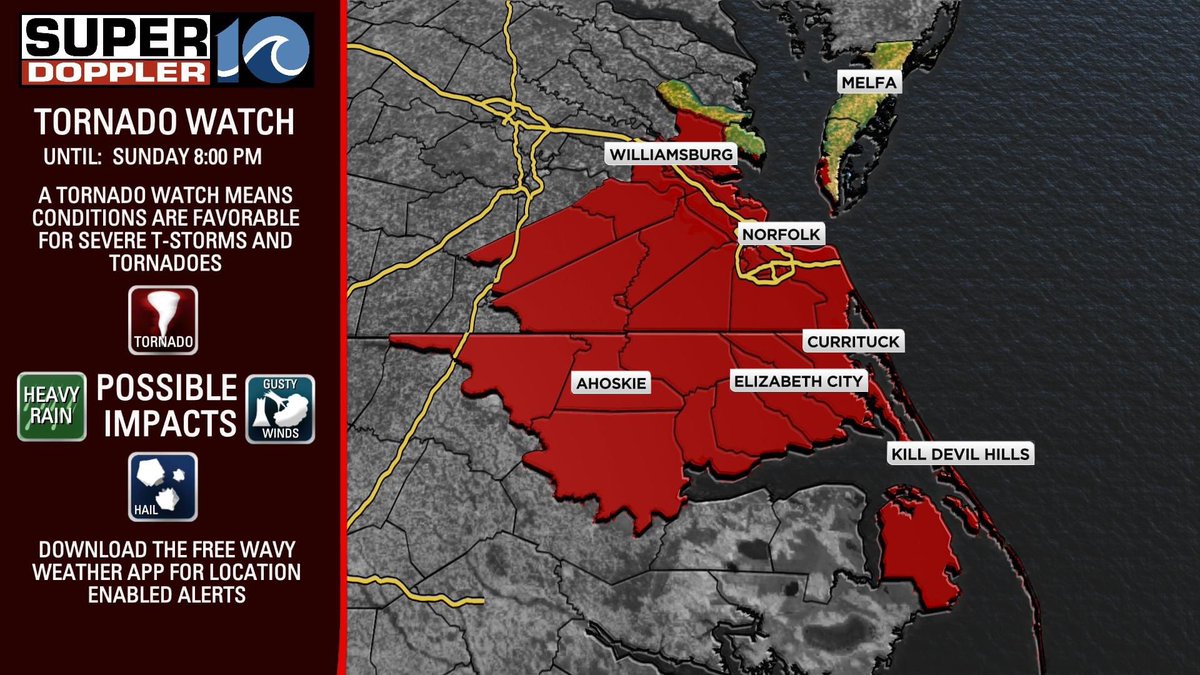 Tornado watch until 8pm tonight--tune in at 6pm for the latest updates and stay safe! 
<a href="/WAVY_News/">WAVY TV 10</a>