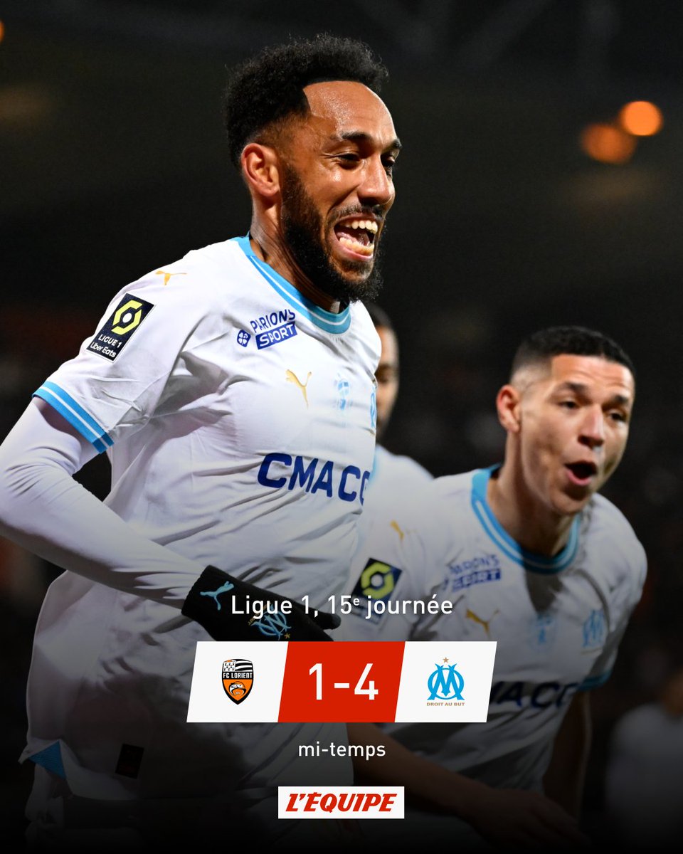 Avec, notamment, deux buts d'Aubameyand, l'OM mène très largement à Lorient à la mi-temps ow.ly/Z3pI50Qhb9T #FCLOM