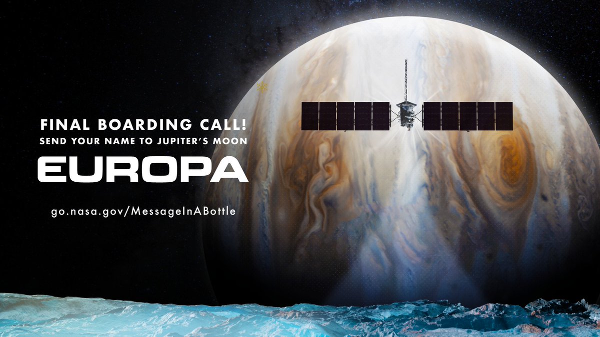 NASA (@nasa) on Twitter photo It will take years for <a href="/EuropaClipper/">NASA Europa Clipper</a> to reach one of Jupiter’s icy moons, Europa. But, it only takes a moment to submit your name to be engraved on a chip aboard the spacecraft before its 1.8-billion-mile journey. Don’t miss out! go.nasa.gov/3FTUbyy It will take years for <a href="/EuropaClipper/">NASA Europa Clipper</a> to reach one of Jupiter’s icy moons, Europa. But, it only takes a moment to submit your name to be engraved on a chip aboard the spacecraft before its 1.8-billion-mile journey. Don’t miss out! go.nasa.gov/3FTUbyy