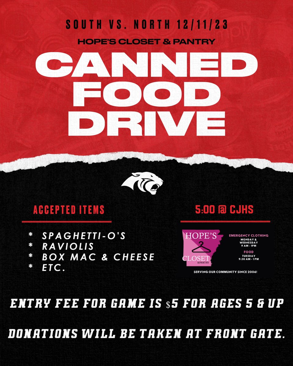 cabotgirlsbb's tweet photo. There will be a canned food drive for Hope’s Closet & Pantry tomorrow night at the South vs. North games. Please see the flyer below for more details! https://t.co/7rwJGscrCL