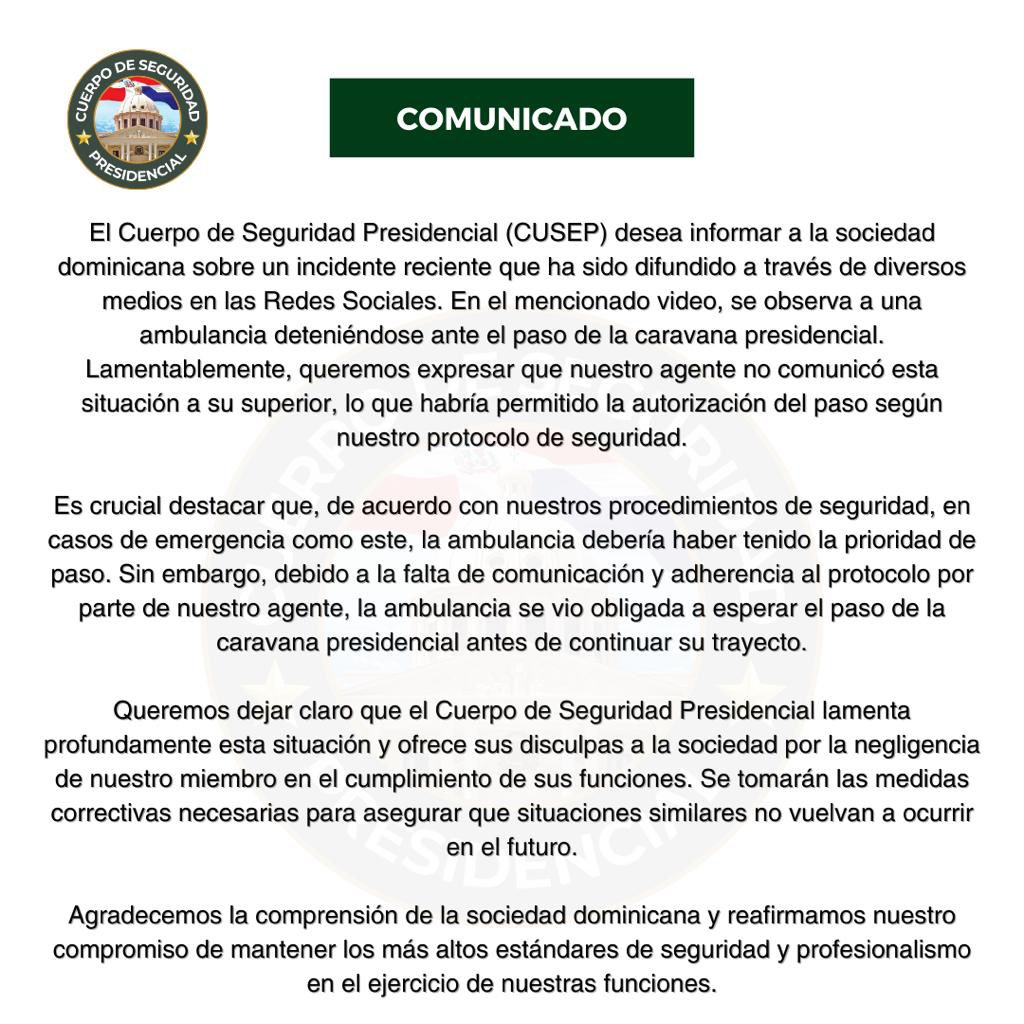 "Lamentamos la falta de comunicación que afectó la prioridad de una ambulancia en la caravana presidencial. Pedimos disculpas y tomaremos medidas. #CUSEP
II
#SeguridadPresidencial coBa"