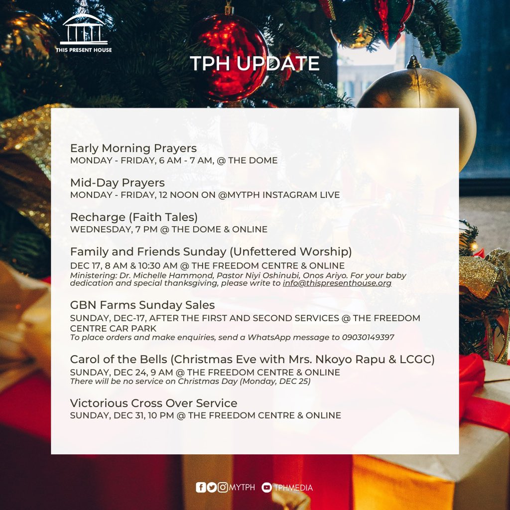 MyTPH's tweet photo. Here’s a schedule of upcoming events at This Present House, this Christmas season 👇🏽
#myTPH
#TPHUpdate
#ChristmasatTPH https://t.co/Aw7GOLBJsH