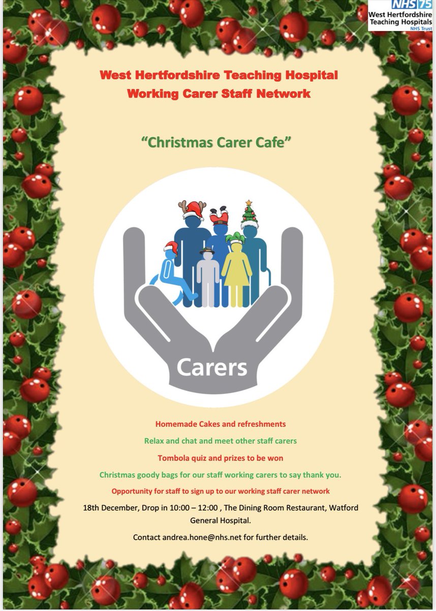 🥳Calling staff @WestHertsNHS Come along to our working carer staff network Christmas celebrations….. 

 Christmas Carer Cafe….🥳🎁🤩🎂

18th December, 
Drop in 10:00-12:00
The Dining Room Restaurant 
Watford General Hospital

Please retweet and share 😊
#NHSThinkCarer