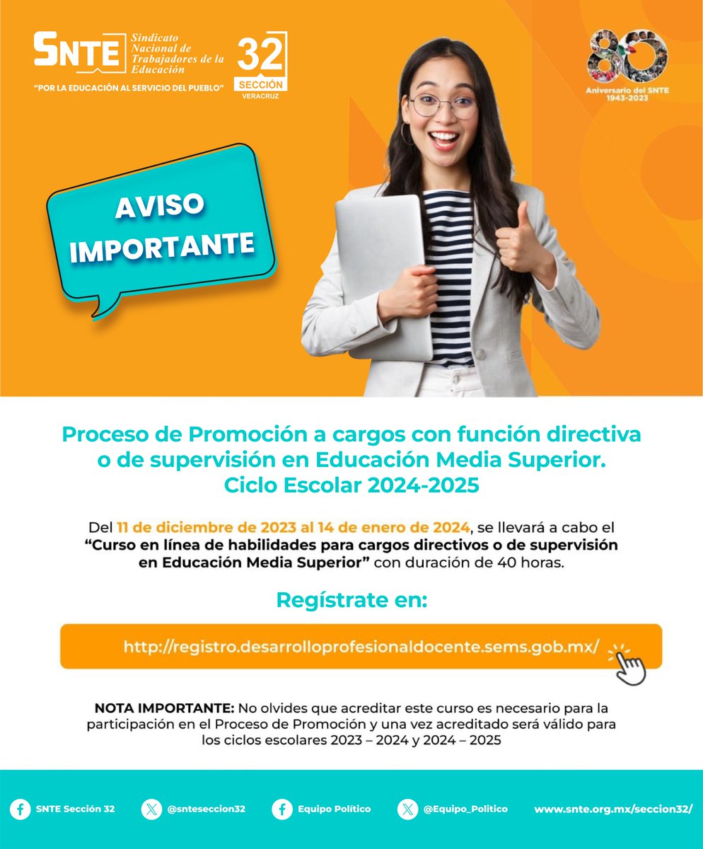 snteseccion32's tweet photo. #80AniversarioSNTE 🌟

Del 11 de diciembre al 14 de enero es el 👉Curso en línea de habilidades para cargos directivos o supervisión en Educación Media Superior, el cual es importante acreditar para participar✔️

Regístrate 🧑‍💻
https://t.co/MhGGw2jELb

#SNTE32 #EquipoPolítico https://t.co/J9US3S8NAD