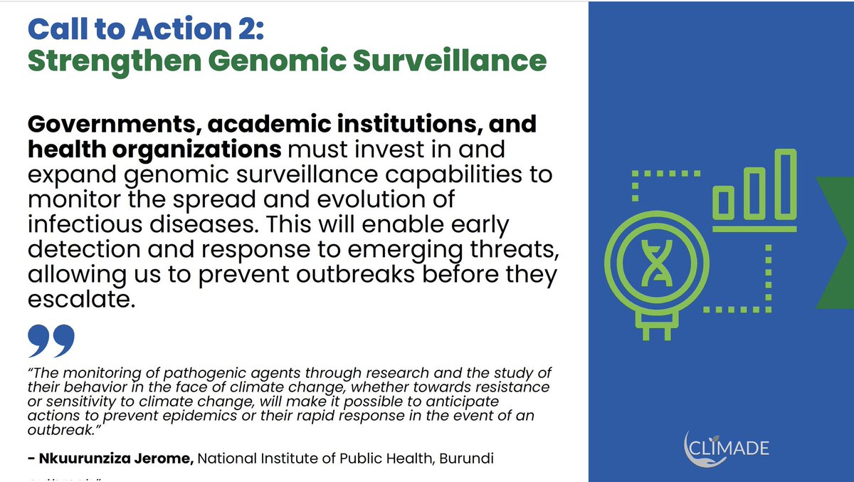 GuptaVikas02021's tweet image. Call to Action 2: Strengthen Genomic Surveillance: Governments, academic institutions &amp;amp; health organizations must invest in &amp;amp; expand genomic surveillance  to monitor the spread &amp;amp; evolution of infectious diseases. 
 climade.health/cop28-report/ #CLIMADE #COP28