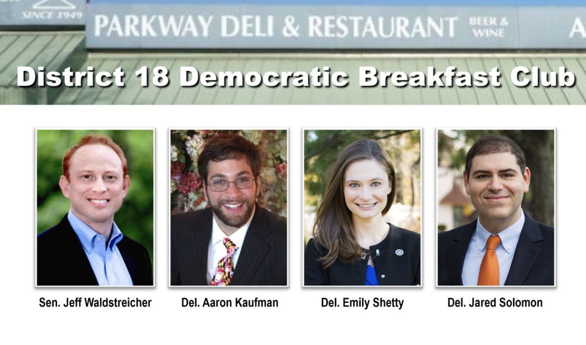 Join the District 18 Democratic Breakfast Club on Monday, December 11, with the District 18 Delegation, who will preview the 2024 legislative session, 7:30 am–8:30 am at Parkway Deli & Restaurant, 8317 Grubb Road, Silver Spring. Come early to order & enter through the rear.