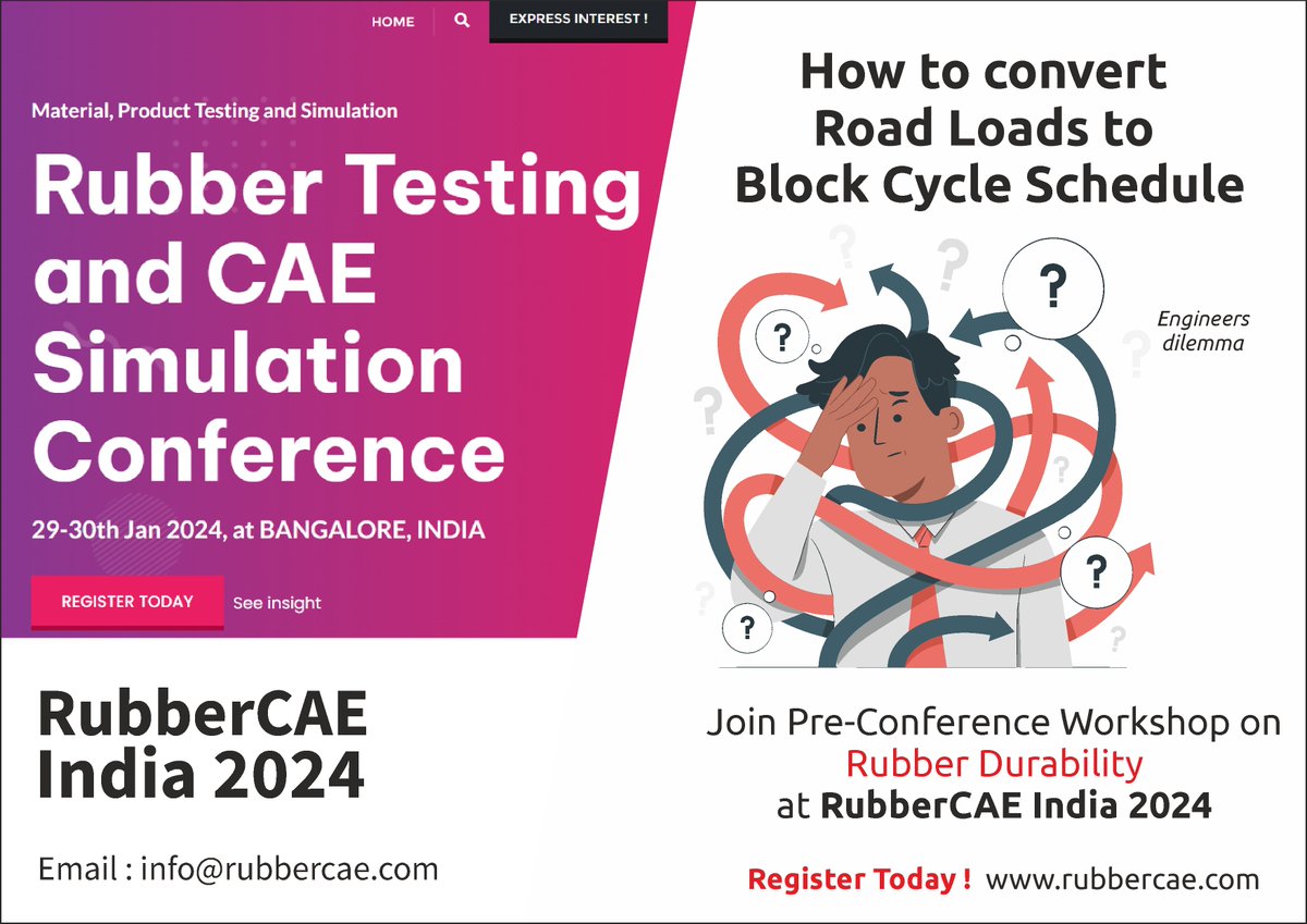 Inviting you to participate in RubberCAE India 2024
Rubber Testing and CAE Simulation
Conference Website : rubbercae.com
Link for Participation Registration : rzp.io/l/rubbercaeInd…
#RubberCAE #RubberTesting #conference
#RubberSimulation #RubberDurability
