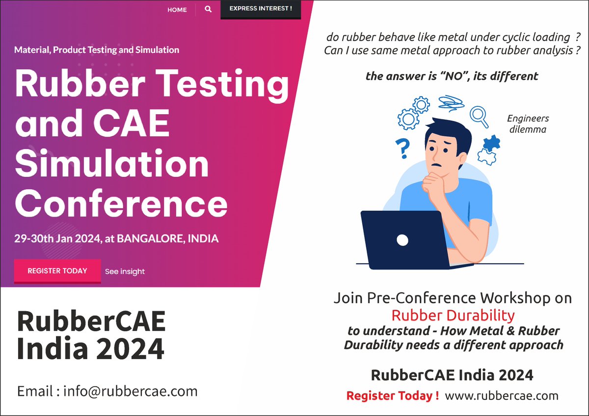 Inviting you to participate in RubberCAE India 2024
Rubber Testing and CAE Simulation
Conference Website : rubbercae.com
Link for Participation Registration : rzp.io/l/rubbercaeInd…
#RubberCAE #RubberTesting #conference
#RubberSimulation #RubberDurability