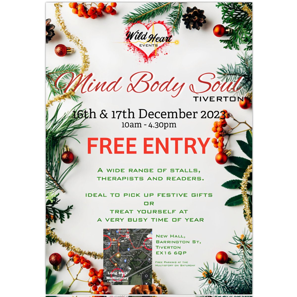 ItsWildHeart's tweet photo. In less than a week it's the first ever Mind Body Soul - Tiverton  

Next Saturday and Sunday (16th &amp; 17th December), 10am until 4.30pm both days!

FREE ENTRY

At New Hall, Barrington St, Tiverton, EX16 6QP 

#mindbodysoultiverton 
#haveyougotawildheart 
#wildheartevents https://t.co/Xyoqbga5NW