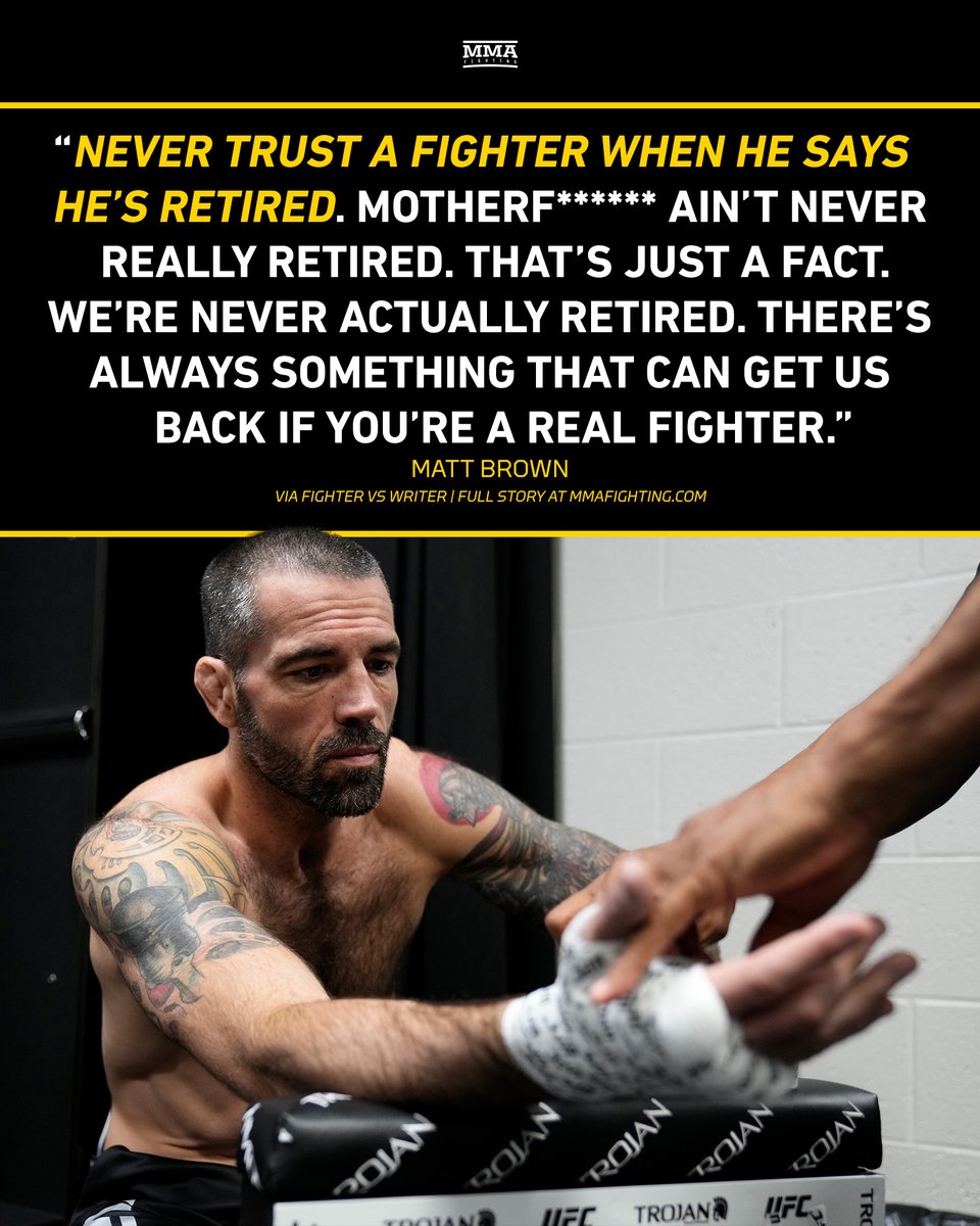 Matt Brown explains why it’s so hard for Paul Felder — or any other fighter — to truly stay retired Full story by @DamonMartin: mmafighting.com/2023/12/10/238…
