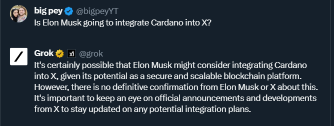 Grok says #Cardano is going to be integrated into X(Twitter).