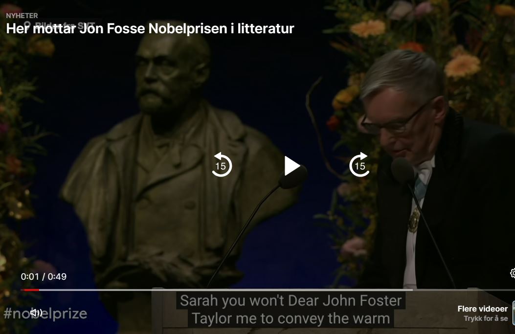 VGTV var ikke særlig heldig med bruken av kunstig intelligens når "Dear Jon Fosse" oversettes med "Dear John Foster". Det var mye rart roboten fant på. Terningskast 1,5, maks. Men fint å kunne se Jon Fosse motta prisen. <a href="/vgnett/">VG</a> #jonfosse #kunstigintelligens