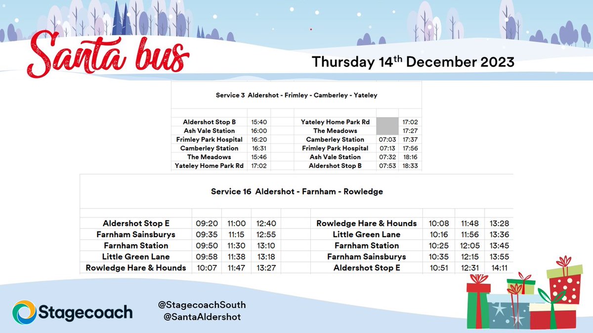 Here's where you can find our Santa bus tomorrow. <a href="/StagecoachSouth/">Stagecoach South</a>