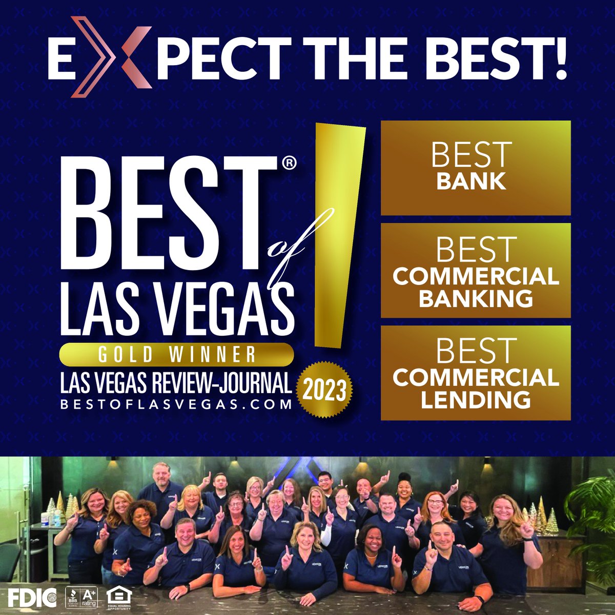 Exciting news! 🎉 

We're thrilled to share that we have won GOLD in Best Bank, Commercial Banking, and Commercial Lending in @TheBestOfLV awards!

We thank our clients, partners, and community who voted and contributed to this incredible achievement. #BestOfLasVegas #BOLV2023