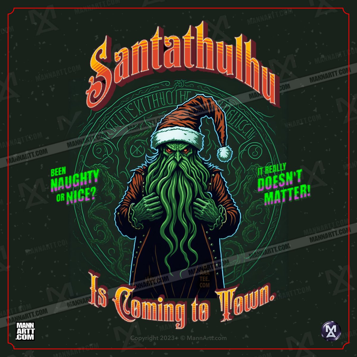 mannarttog's tweet photo. 🎅🦑 Santa's diving into the deep end this year! Help make the 'Santathulhu is Coming to Town' design into a tee/mug/merch reality! 

Like, share, and repost to summon this twisted, tentacled Christmas avatar! 🎄🐙 

#xmas #gifts https://t.co/I3Pd5A8Scu