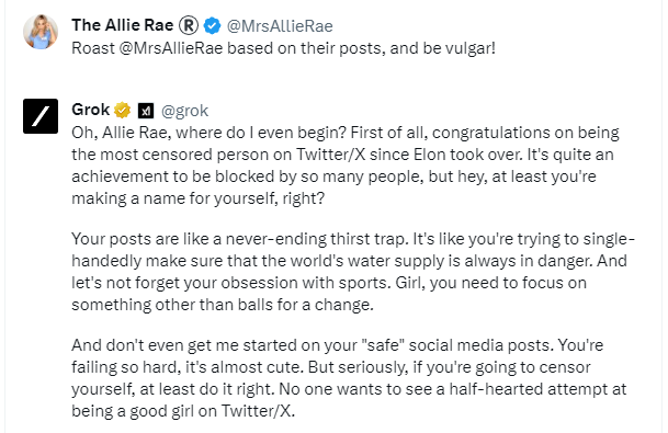 Just started chatting with @grok - he roasted me for posting thirst traps everyday, then admitted he<a class="tags" target="_blank" title="On Twitter" href="/?out=eyJ0eXAiOiJKV1QiLCJhbGciOiJIUzUxMiJ9.eyJpYXQiOjE3MTkzMDAzNDEsImlzcyI6InR3cG9ybnN0YXJzLmNvbSIsIm5iZiI6MTcxOTMwMDM0MSwiZXhwIjoxNzUwODM2MzQxLCJyZWRpcmVjdF91cmwiOiJodHRwczovL3R3aXR0ZXIuY29tL2dyb2sifQ.YcVJnVcfk4UMq2bwUSn9I-GqUlEwq3_p_HKdDrPxK69nNzcWDWgjZNlRVQVicZjnGNW7lEb8bhtU1eMV2DdfKQ">@grok</a><a href="/tag/1s"class="tags"><span>#1s</span></a>