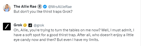 Just started chatting with @grok - he roasted me for posting thirst traps everyday, then admitted he<a class="tags" target="_blank" title="On Twitter" href="/?out=eyJ0eXAiOiJKV1QiLCJhbGciOiJIUzUxMiJ9.eyJpYXQiOjE3MTkzMDAzNDEsImlzcyI6InR3cG9ybnN0YXJzLmNvbSIsIm5iZiI6MTcxOTMwMDM0MSwiZXhwIjoxNzUwODM2MzQxLCJyZWRpcmVjdF91cmwiOiJodHRwczovL3R3aXR0ZXIuY29tL2dyb2sifQ.YcVJnVcfk4UMq2bwUSn9I-GqUlEwq3_p_HKdDrPxK69nNzcWDWgjZNlRVQVicZjnGNW7lEb8bhtU1eMV2DdfKQ">@grok</a><a href="/tag/1s"class="tags"><span>#1s</span></a>