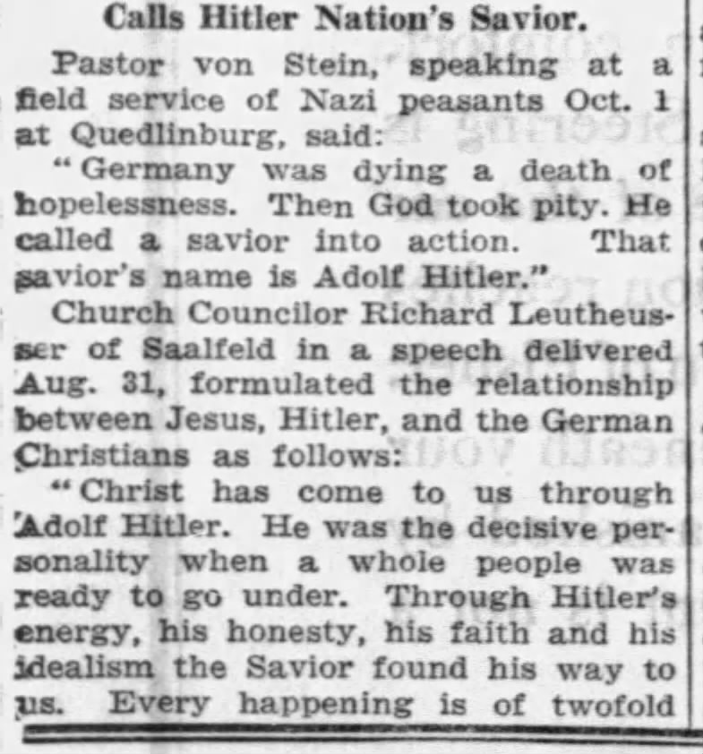 German Christians in 1933: "Christ has come to us through Adolf Hitler. ... Through Hitler's energy, his honesty, his faith and his idealism the Savior found his way to us."
Are today's white evangelicals who support Trump any different from this?