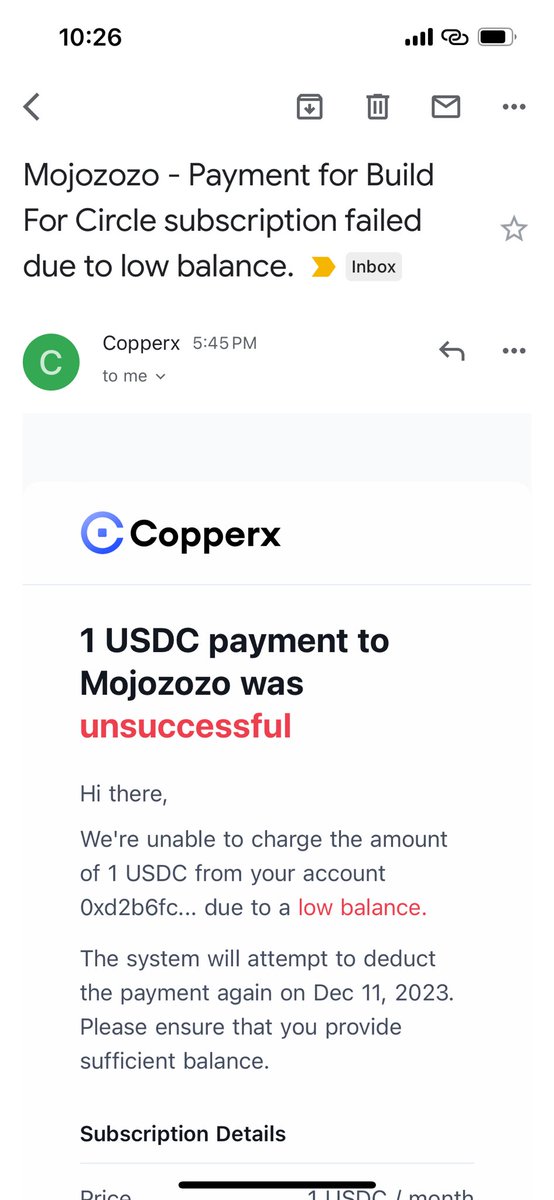 dalpattapaniya's tweet image. This is how @CopperxHQ notify when recurring payments fail because of low balance in my wallet! 

#web3payment