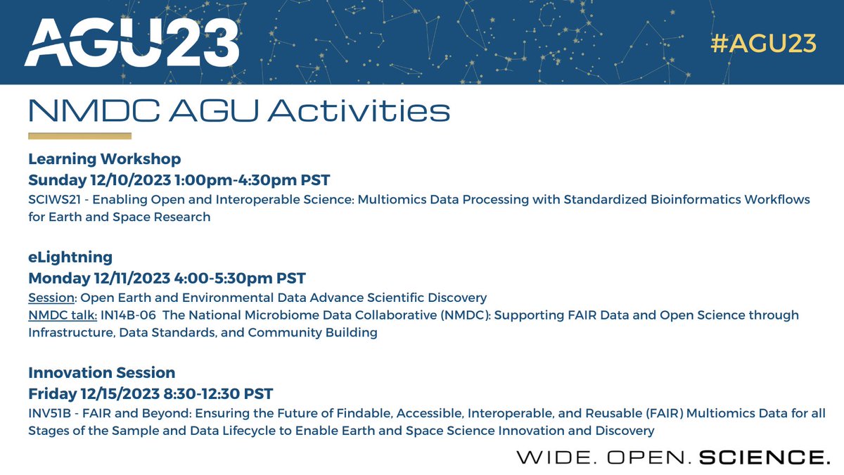 National Microbiome Data Collaborative (@microbiomedata) on Twitter photo We are excited for #AGU23 this week! Check out our AGU activities and stop by our sessions to see how the NMDC facilitates open science in microbiome research. Our Learning Workshop and Innovation Session will also be co-hosted by our collaborators at <a href="/NASAGeneLab/">NASA GeneLab</a>! We are excited for #AGU23 this week! Check out our AGU activities and stop by our sessions to see how the NMDC facilitates open science in microbiome research. Our Learning Workshop and Innovation Session will also be co-hosted by our collaborators at <a href="/NASAGeneLab/">NASA GeneLab</a>!